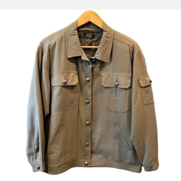 EVR Shirt Jacket Womens Army Green 100% Raw Silk Pockets Polyester Lined sz S/P - Picture 1 of 10